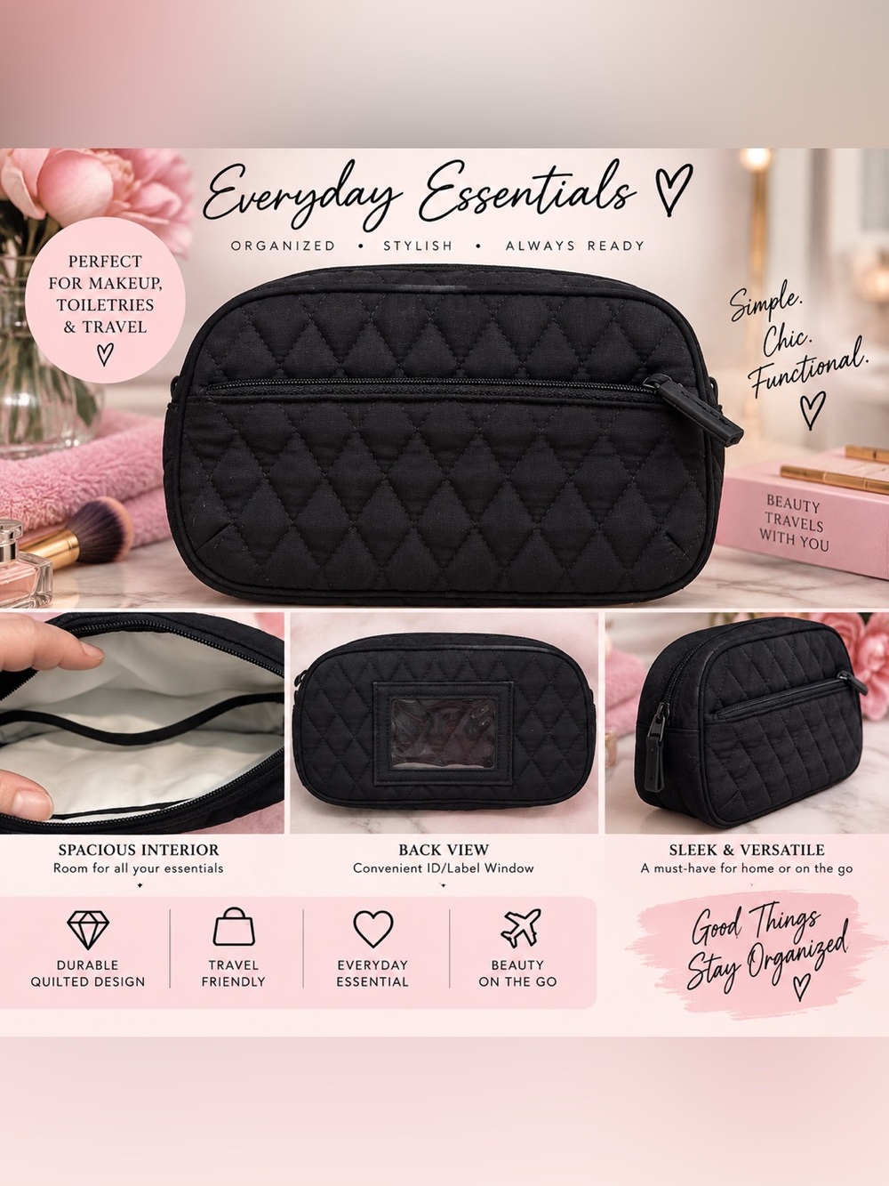 Vera Bradley Black Quilted Cosmetic Pouch